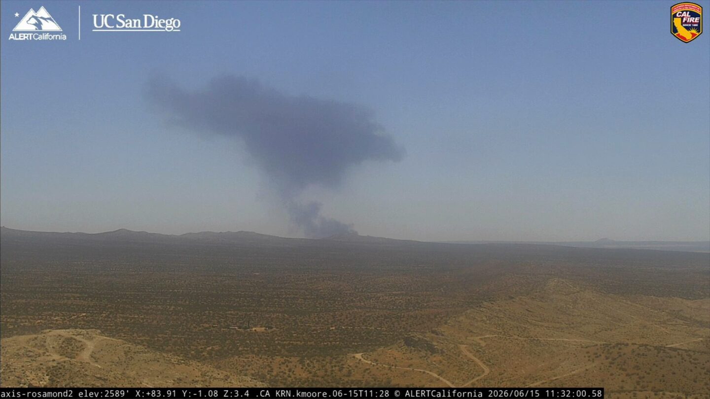 Smoke rises near Edwards Air Force Base after a US Air Force B-52 bomber crashed on June 15.