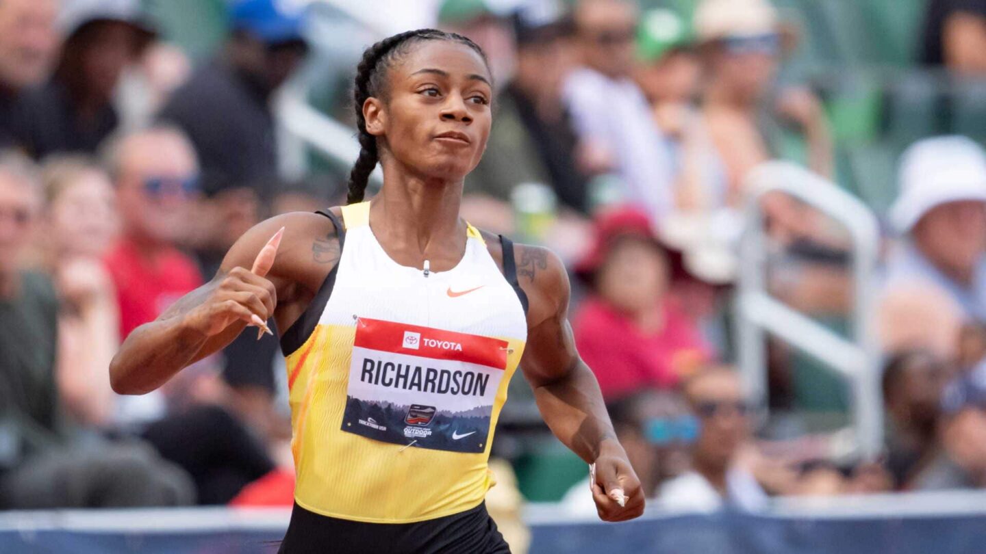 Sha'Carri Richardson competes in the first round of the women’s 100-meter dash during day one of the USATF Outdoor & Para National Championships at Hayward Field in Eugene on July 31