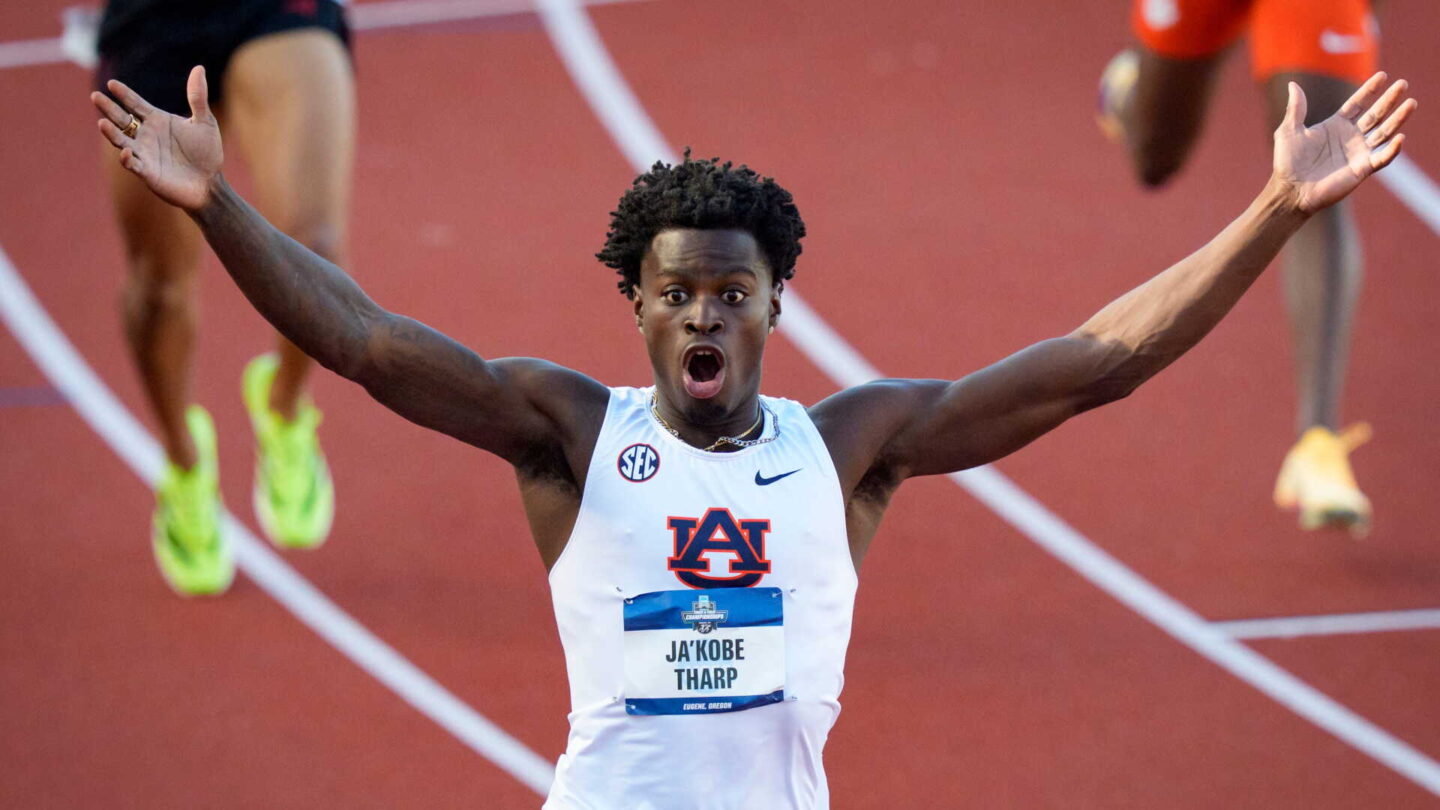 Auburn’s Ja’Kobe Tharp sets a world record in the semifinals of the men’s 110-meter hurdles during the NCAA Outdoor Track & Field Championships on June 10