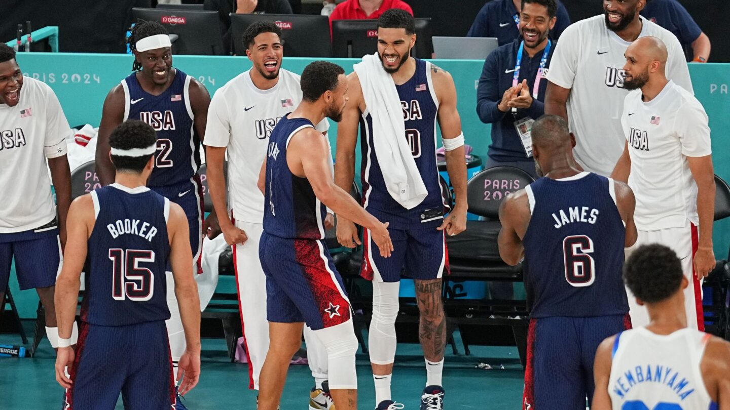 <i>NBC Olympics</i><br/>Members of the U.S. men's basketball team on the court at the 2024 Paris Olympics.
