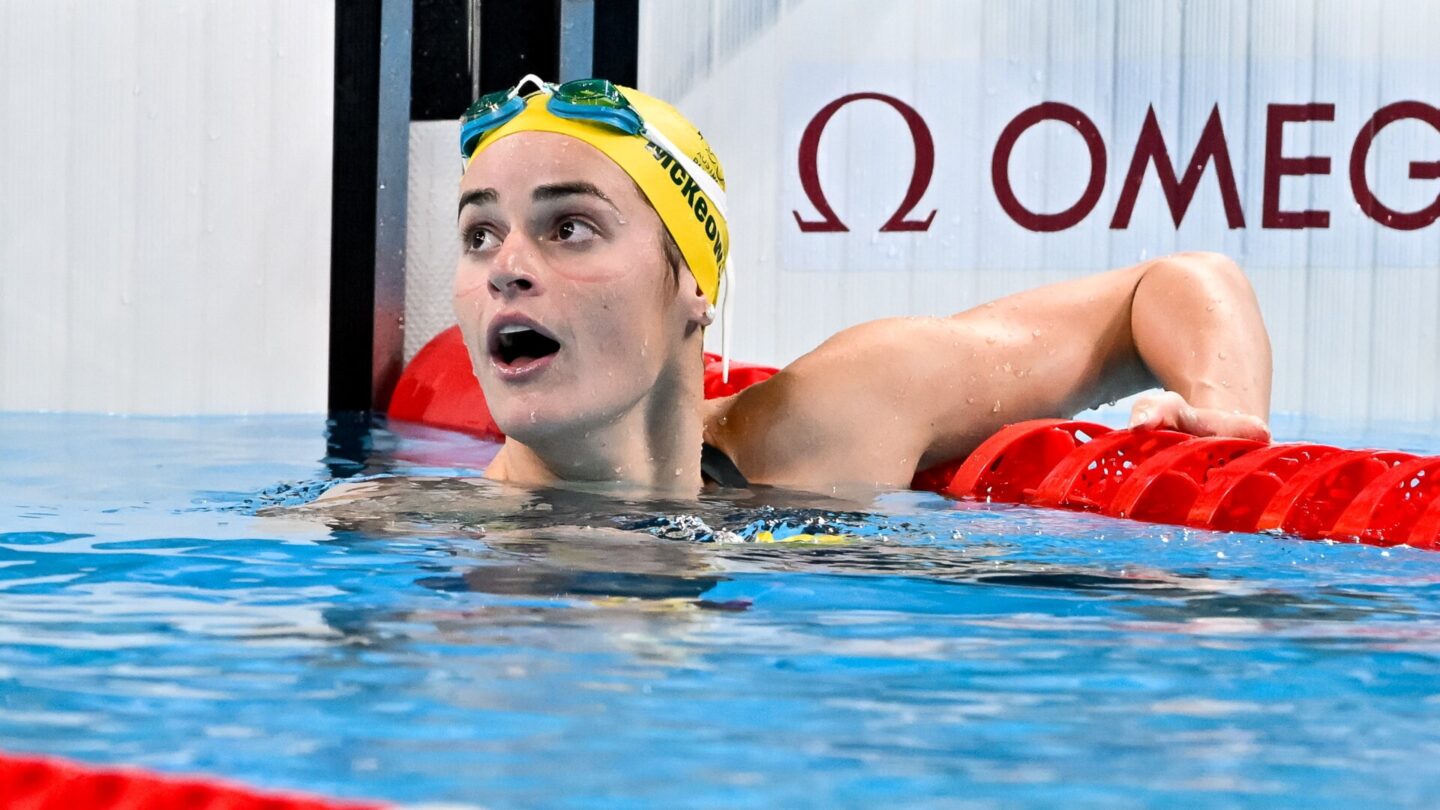 Kaylee Mckeown of Australia reacts after winning the gold medal in the swimming 200m Backstroke Women Final during the Paris 2024 Olympic Games at La Defense Arena. Paris (France)