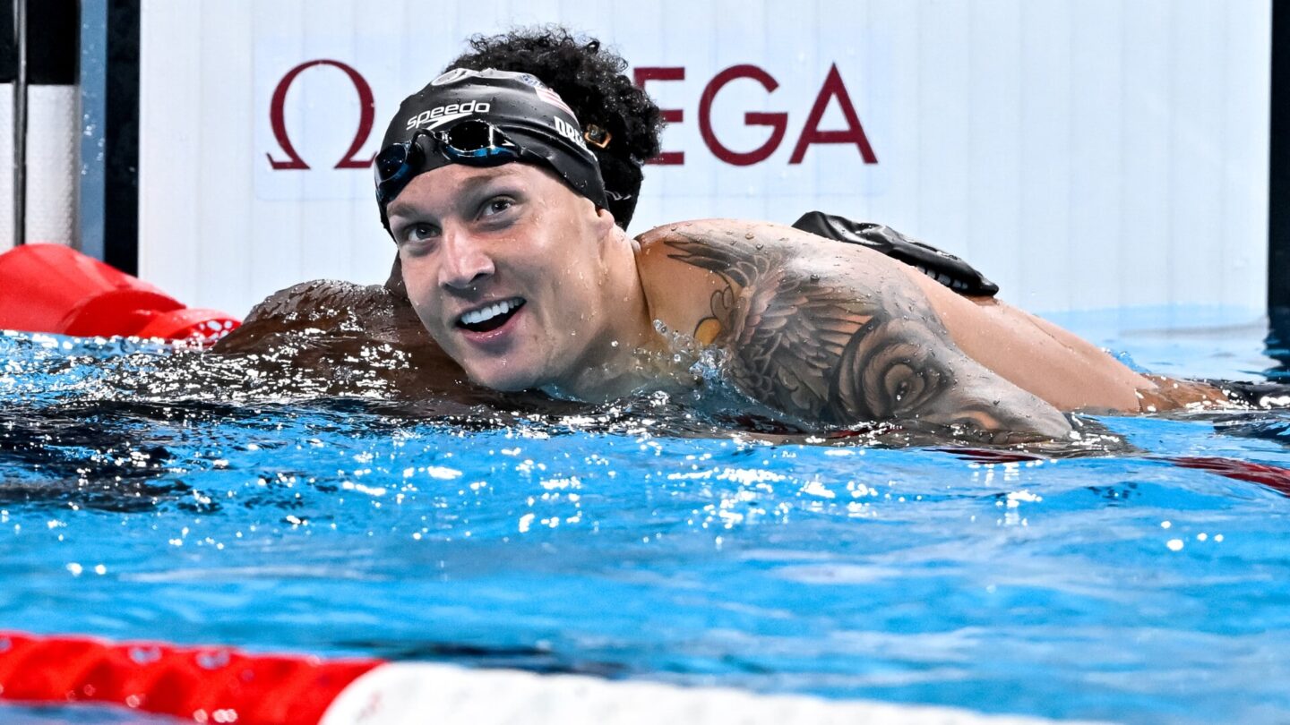Caeleb Dressel of United States of America reacts after competing in the swimming 100m Butterfly Men Semifinals during the Paris 2024 Olympic Games at La Defense Arena. Paris (France)