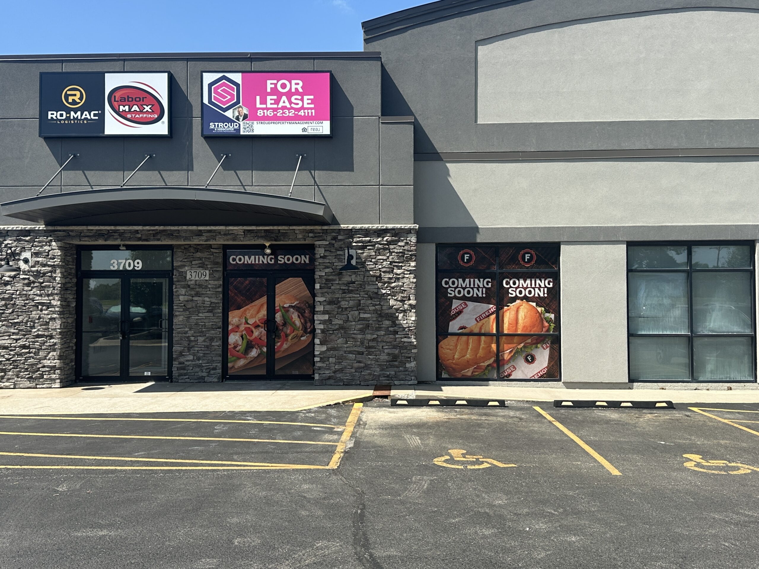 A new Firehouse Sub location has banners on the window at 3709 North Belt Highway, near Rogers Pharmacy and Patterson Legal Group. 
