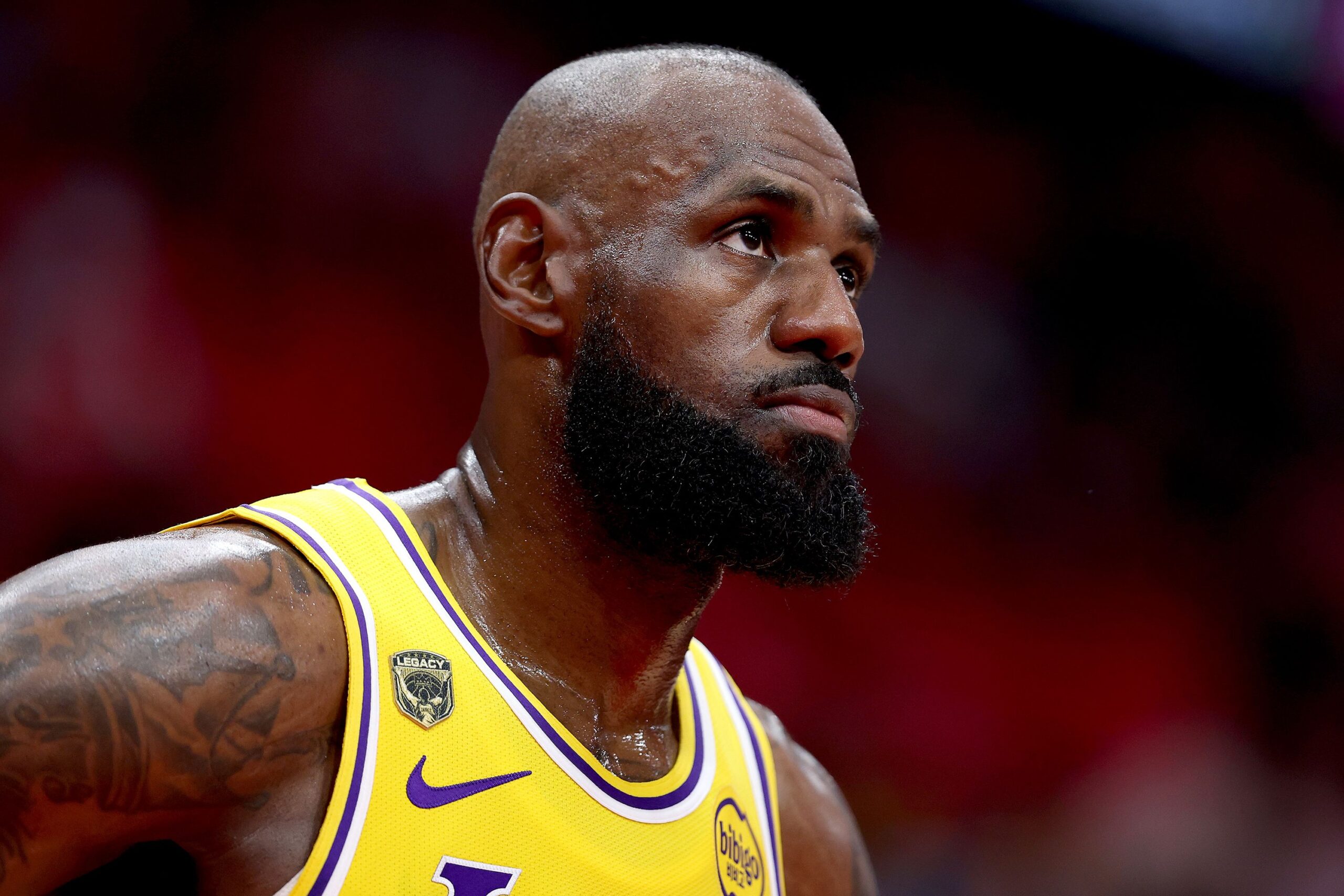 <i>Kenneth Richmond/Getty Images via CNN Newsource</i><br/>LeBron James of the Los Angeles Lakers looks on during the game against the Houston Rockets on April 24 in Houston