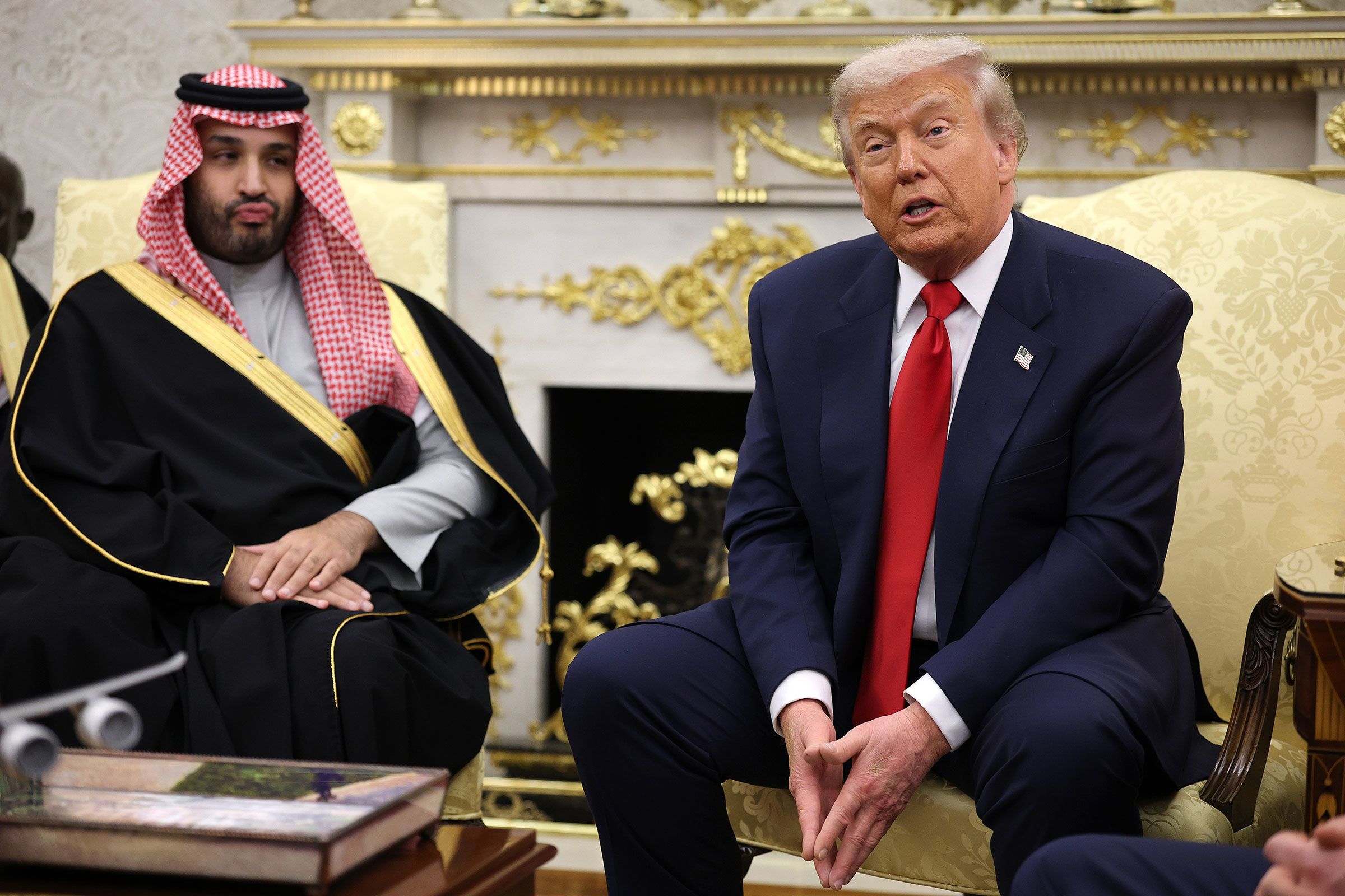 <i>Win McNamee/Getty Images via CNN Newsource</i><br/>President Donald Trump (R) speaks during a bilateral meeting with Crown Prince and Prime Minister Mohammed bin Salman of Saudi Arabia in the Oval Office of the White House on November 18