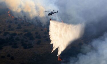 Firefighting aircraft and helicopters try to bring a fire under control on the slopes of Mount Longa near Palermo