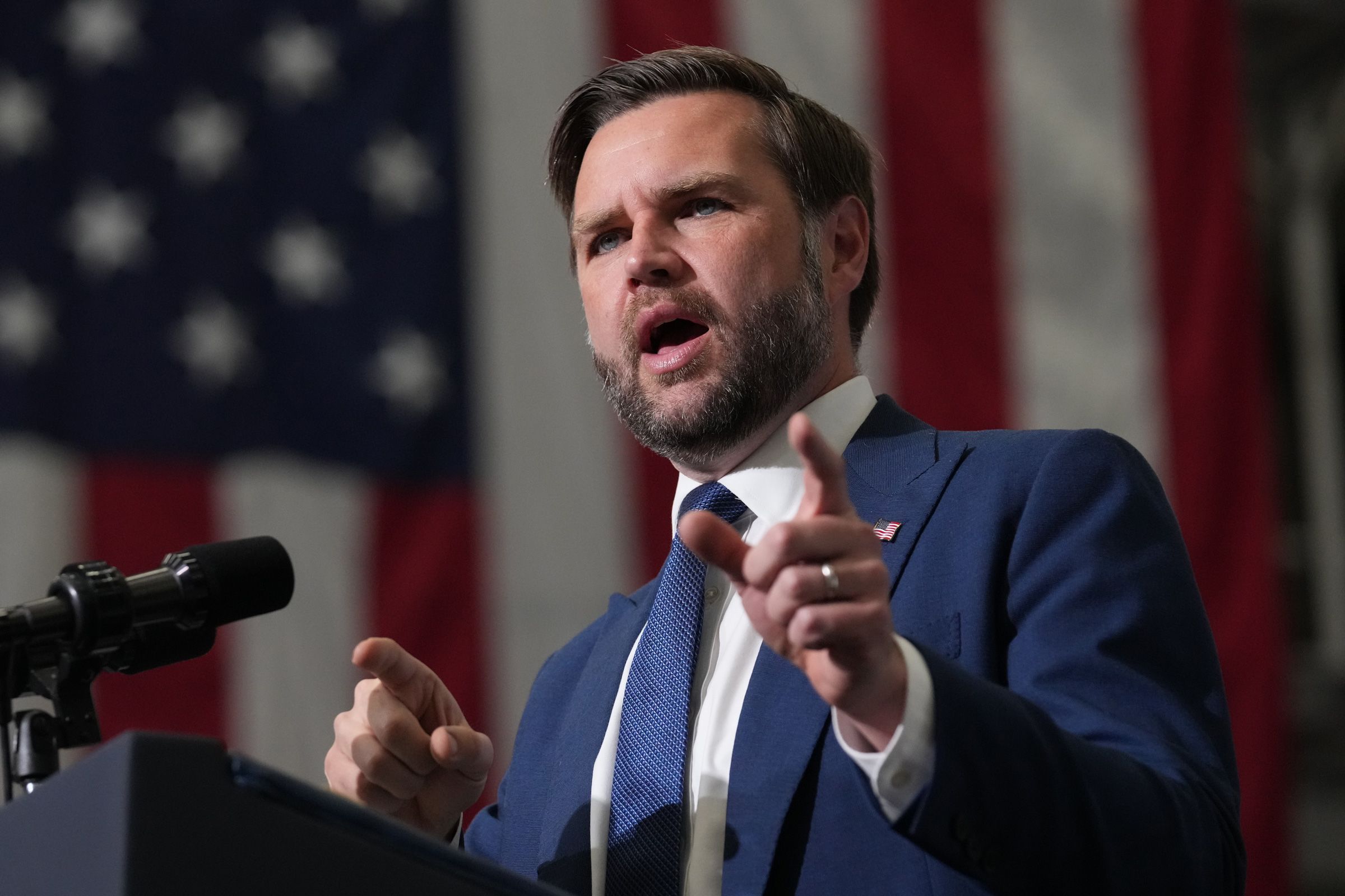 <i>Mark Schiefelbein/Pool/Getty Images via CNN Newsource</i><br/>Vice President JD Vance speaks at Milwaukee Mitchell International Airport on July 8