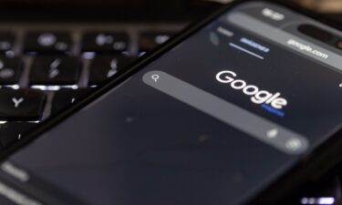 Pictured is the Google search engine on a mobile phone in Madrid