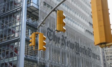 The New York Times logo is seen on the building's facade in New York City on January 22.