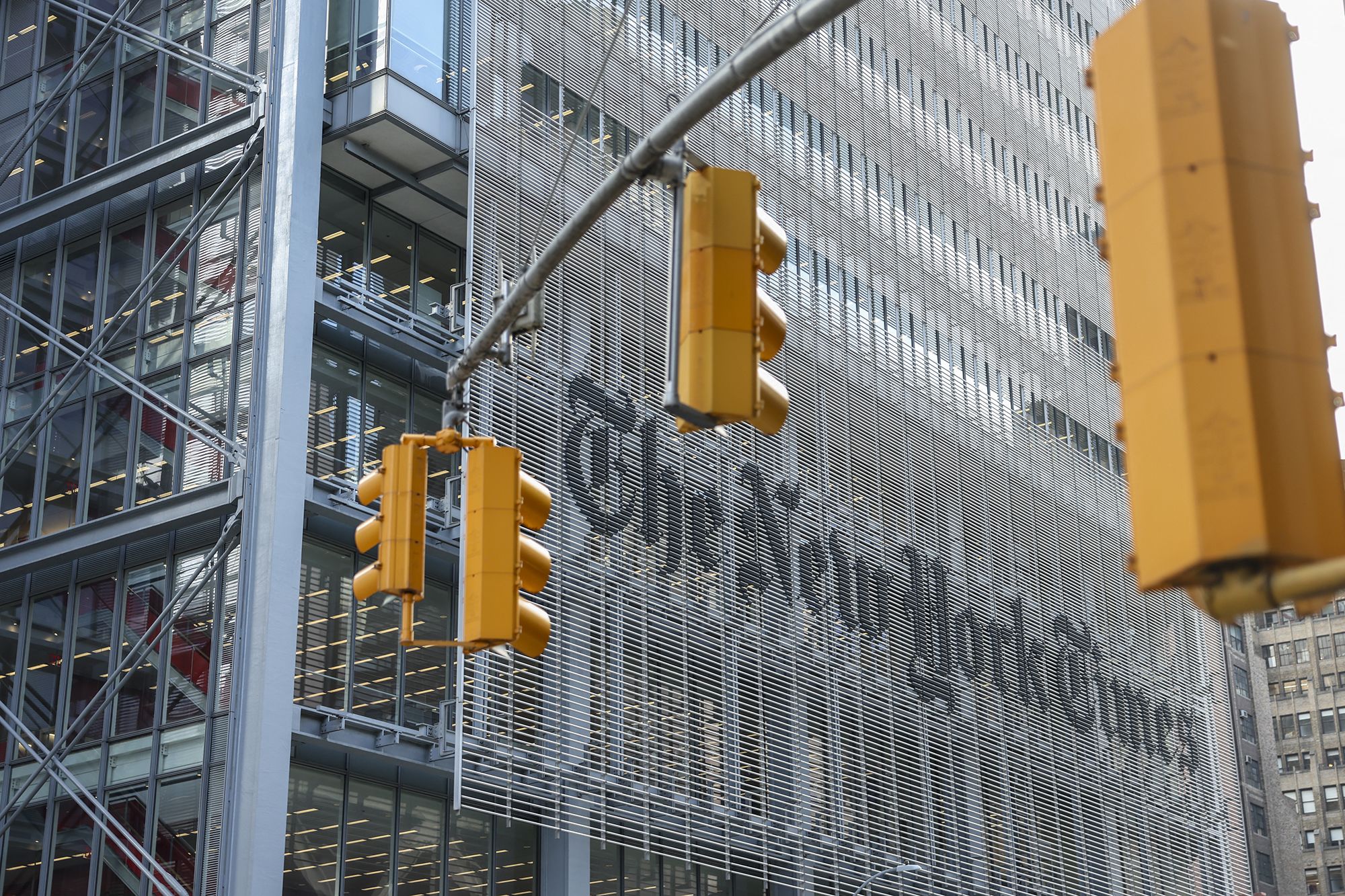 <i>Angela Weiss/AFP/Getty Images via CNN Newsource</i><br/>The New York Times logo is seen on the building's facade in New York City on January 22.