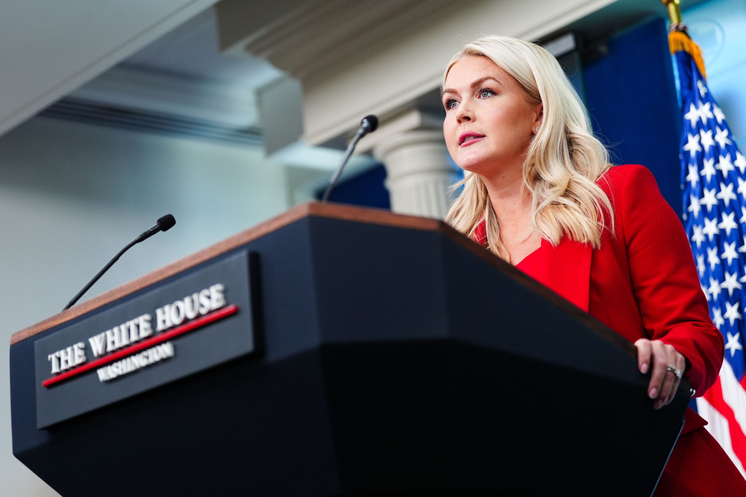<i>Julia Demaree Nikhinson/AP via CNN Newsource</i><br/>White House press secretary Karoline Leavitt speaks with reporters in the James Brady Press Briefing Room at the White House