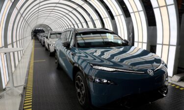 A Volkswagen electric vehicle pictured on the production line at the company's factory in Hefei
