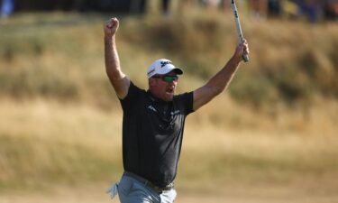 Ryan Fox celebrates winning the 2026 Open Championship after making a birdie putt on the 18th hole at Royal Birkdale July 19.