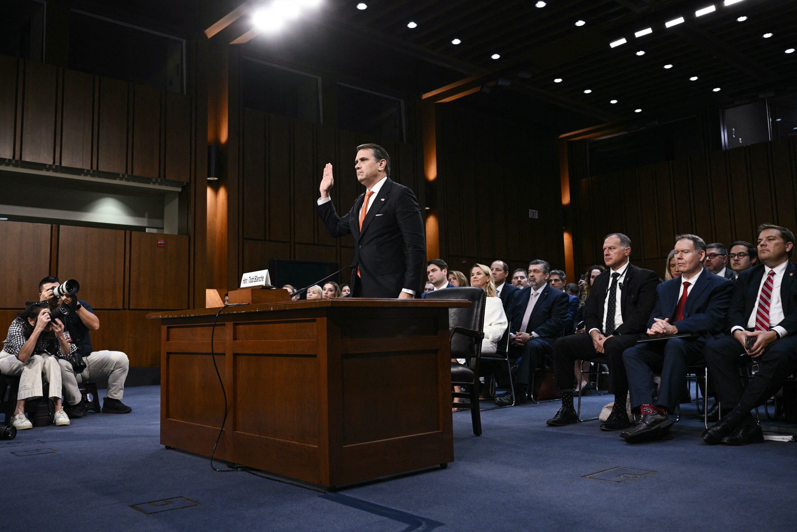 <i>Brendan Smialowski/AFP/Getty Images via CNN Newsource</i><br/>Acting US Attorney General Todd Blanche is sworn in before a Senate Judiciary Committee hearing on his nomination on Capitol Hill on July 15.