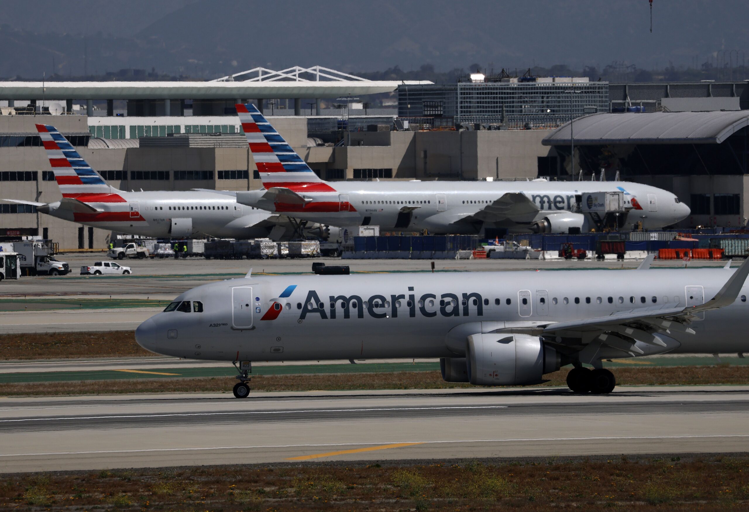<i>Justin Sullivan/Getty Images via CNN Newsource</i><br/>An American Airlines plane taxis at Los Angeles International Airport on April 23.