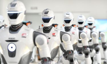EngineAI T800 humanoid robots are on display after rolling off the production line at a production facility in Zhengzhou