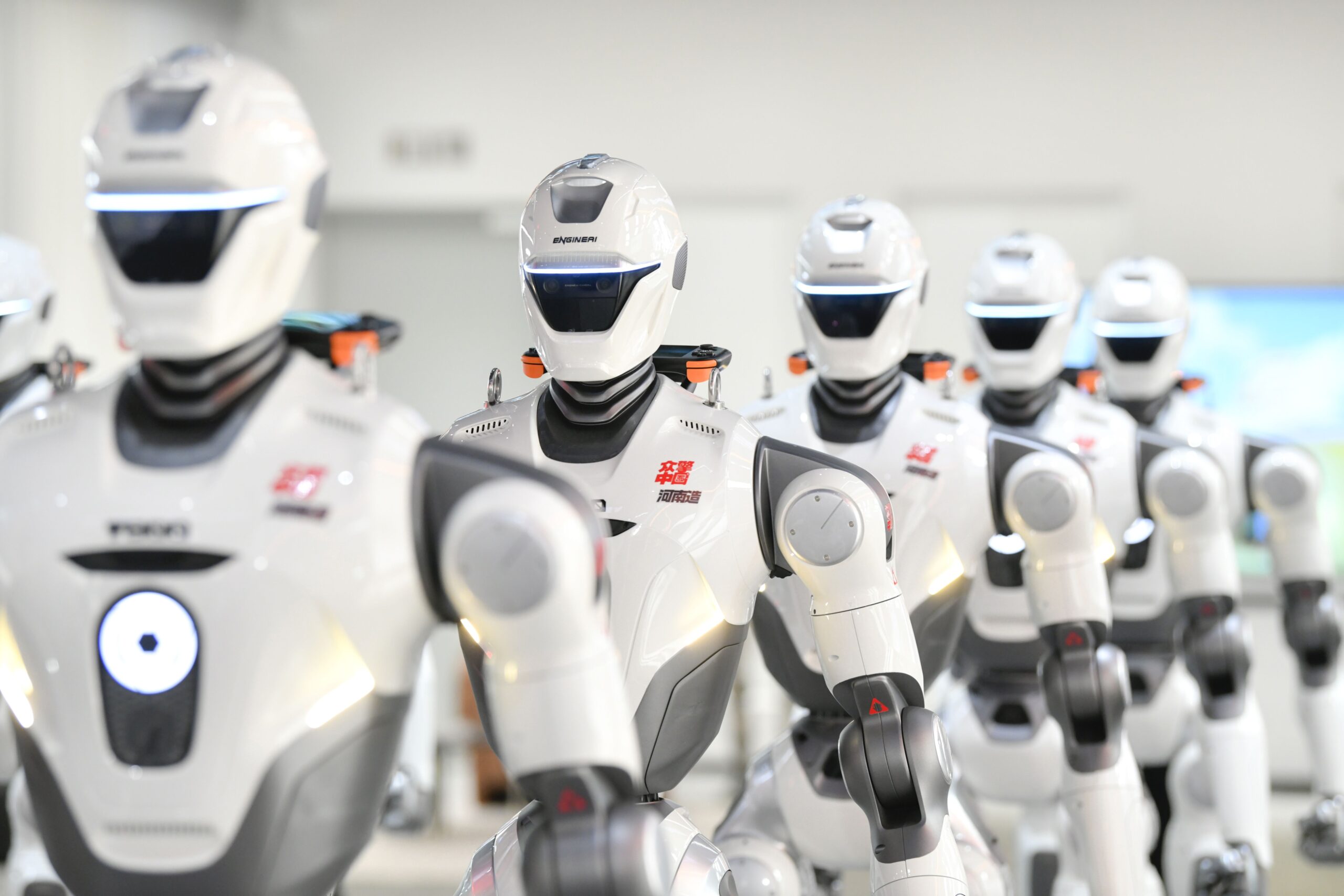 <i>VCG/Getty Images via CNN Newsource</i><br/>EngineAI T800 humanoid robots are on display after rolling off the production line at a production facility in Zhengzhou