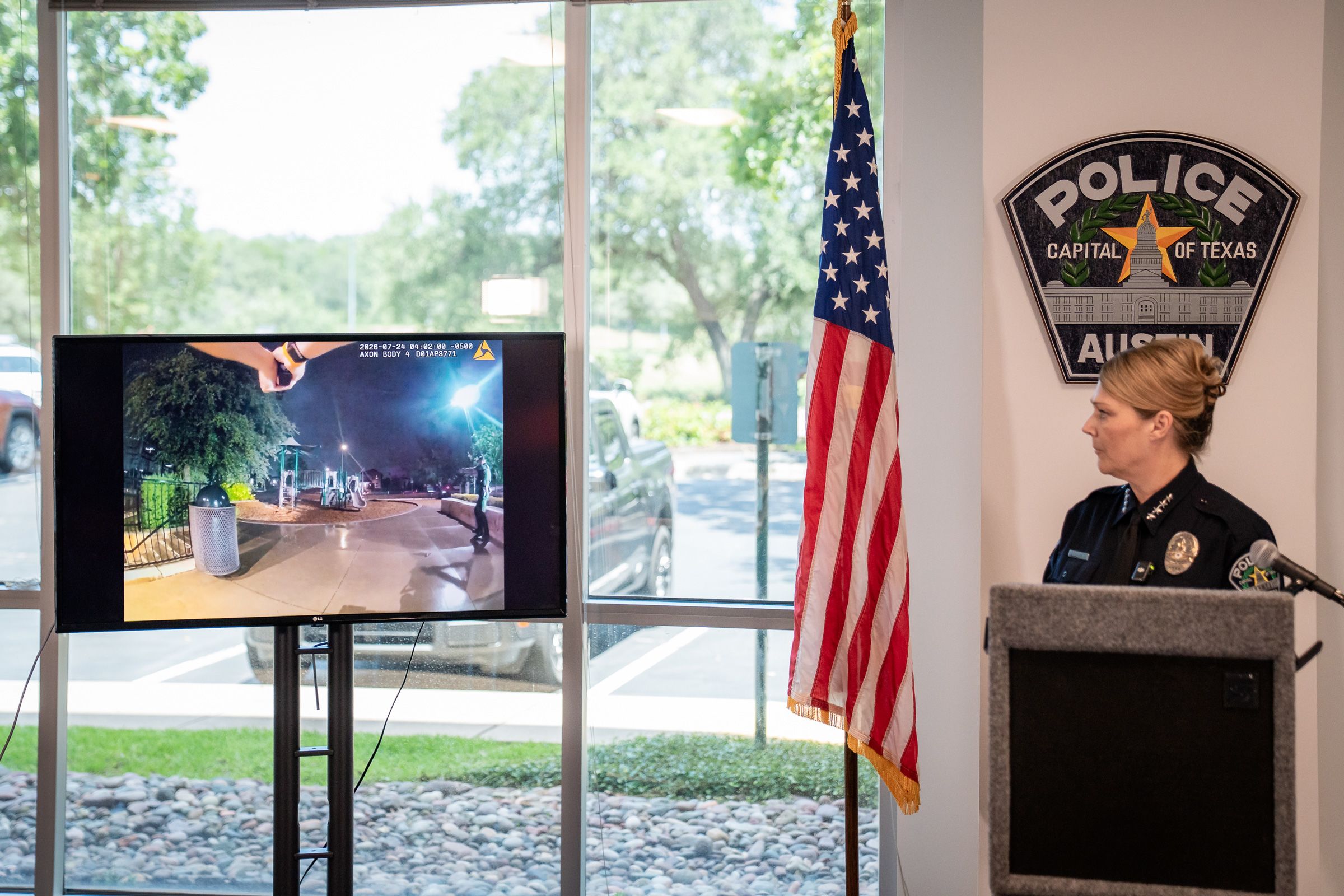 <i>Sara Diggins/The Austin American-Statesman/Getty Images via CNN Newsource</i><br/>Austin Police Chief Lisa Davis reviews body camera footage on July 24