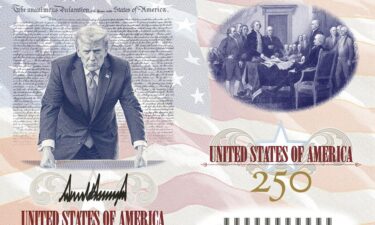 A new limited edition US passport design featuring a photo of President Donald Trump to commemorate America's 250th birthday on display at the State Department booth at the Great American State Fair on June 27 in Washington