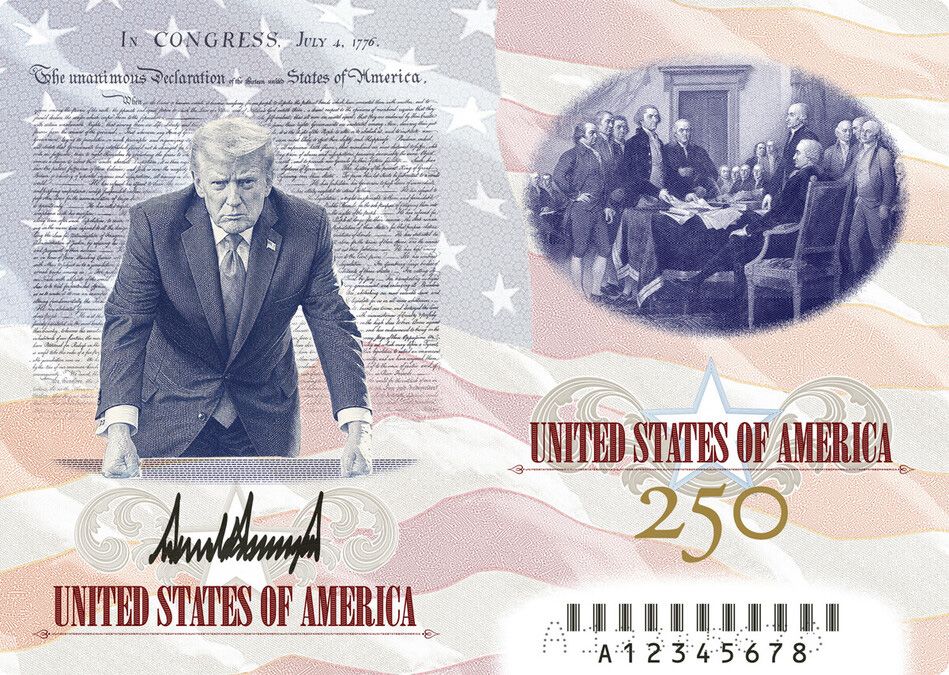 <i>Olivier Douliery/Abaca/Sipa USA via CNN Newsource</i><br/>A new limited edition US passport design featuring a photo of President Donald Trump to commemorate America's 250th birthday on display at the State Department booth at the Great American State Fair on June 27 in Washington
