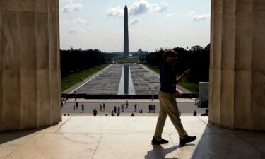 The Washington Monument is seen in the background of the now drained Lincoln Memorial Reflecting Pool