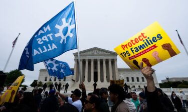 Temporary Protected Status holders along with union leaders and advocates rally as the Supreme Court prepares to hear oral arguments in Mullin v. Doe on Wednesday