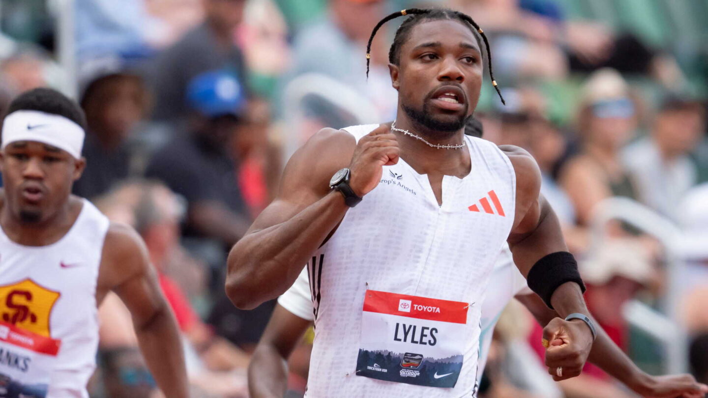 Noah Lyles competes in the first round of the men’s 100-meter dash during day one of the USATF Outdoor & Para National Championships at Hayward Field in Eugene on July 31