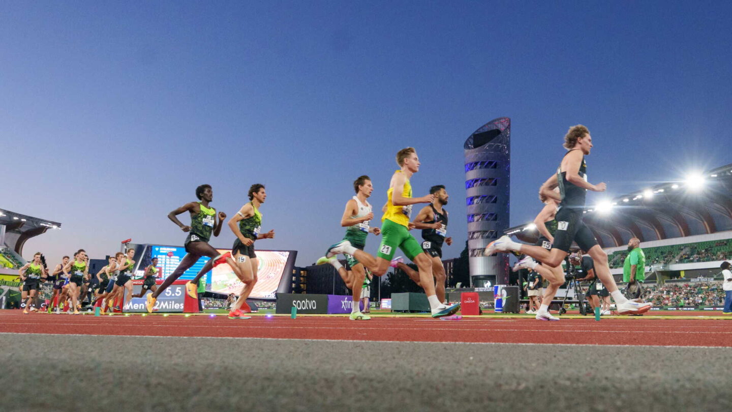 Runners take off at the start of the men’s 2 miles on the first day of the Prefontaine Classic on July 3