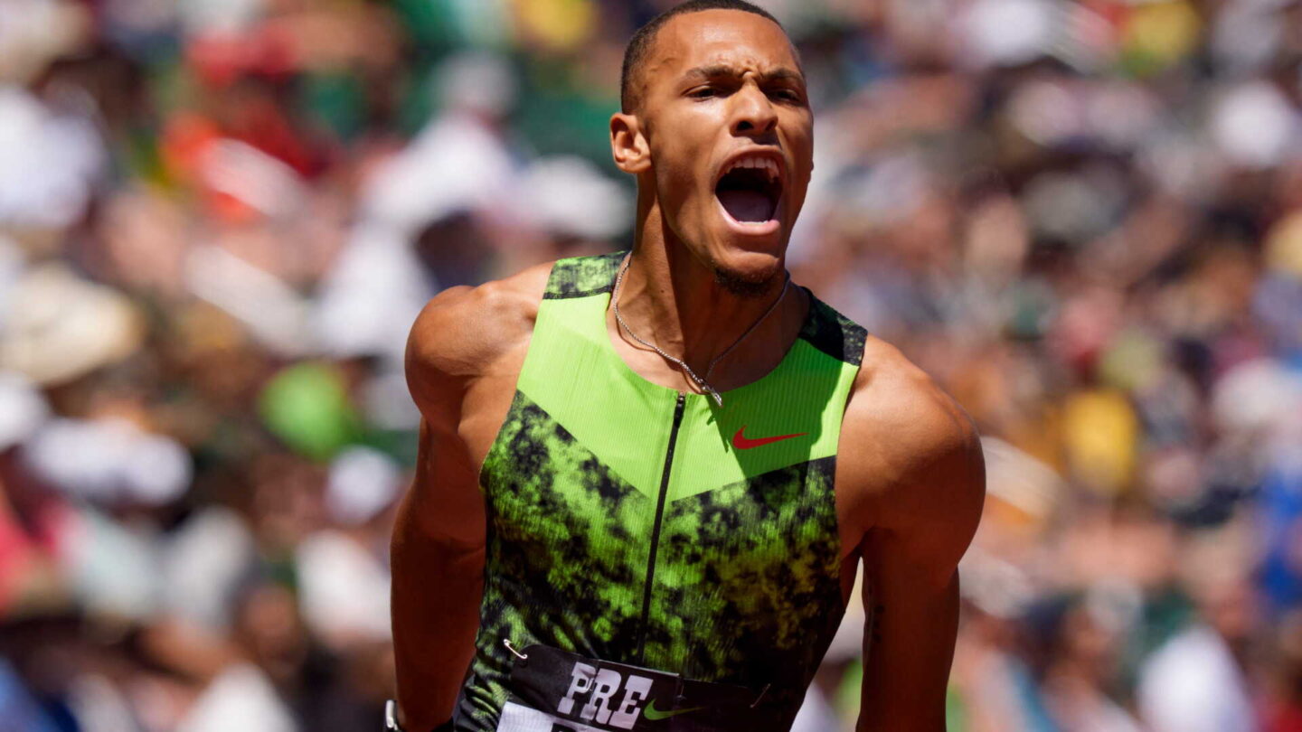 Jamal Britt wins the men’s 110-meter hurdles during the Prefontaine Classic on July 4