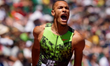 Jamal Britt wins the men’s 110-meter hurdles during the Prefontaine Classic on July 4