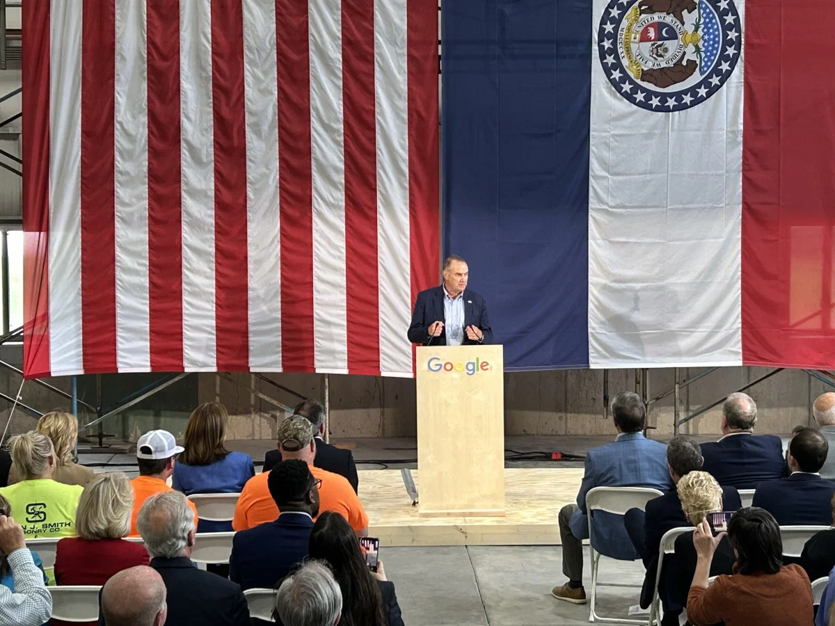 Gov. Mike Kehoe speaks about a Google data center project on Wednesday, May 20, 2026, in High Hill, Missouri.