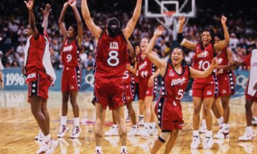 Members of the U.S. women's basketball team on the court at the 1996 Atlanta Summer Olympics.