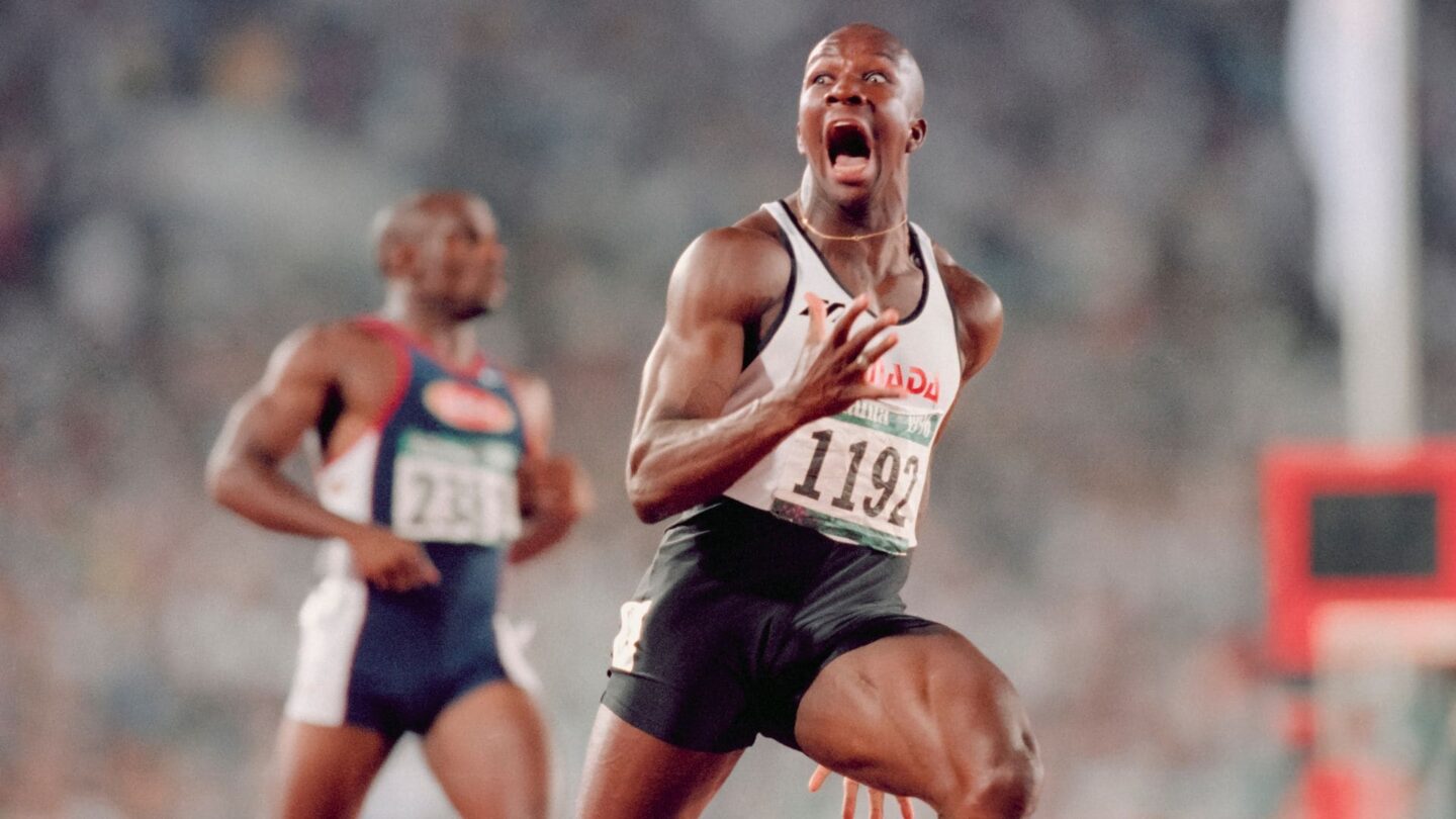 <i>NBC Olympics</i><br/>A shocked Donovan Bailey reacts after winning the men's 100m at the 1996 Atlanta Summer Olympics.