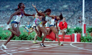 Gail Devers crosses the line and wins the women's 100m in a photo finish at the 1996 Atlanta Summer Olympics.