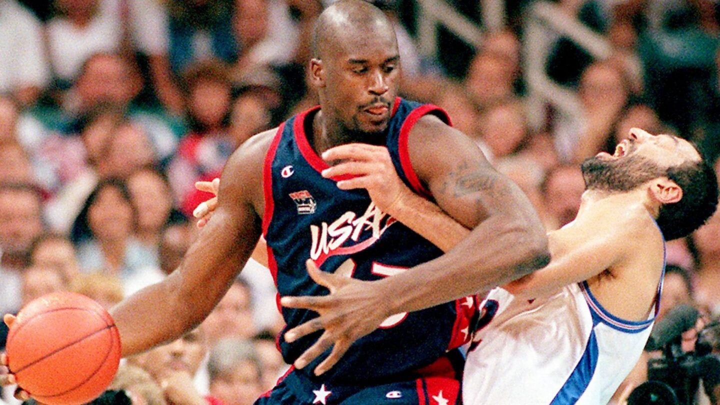 <i>NBC Olympics</i><br/>Shaquille O'Neal backs down his opponent during the men's basketball gold medal game at the 1996 Atlanta Summer Olympics.