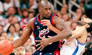 Shaquille O'Neal backs down his opponent during the men's basketball gold medal game at the 1996 Atlanta Summer Olympics.