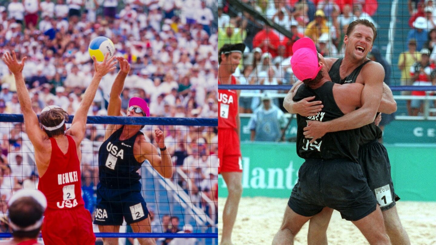 <i>NBC Olympics</i><br/>Karch Kiraly and Kent Steffes celebrate after winning men's beach volleyball gold at the 1996 Atlanta Summer Olympics.