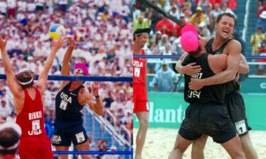 Karch Kiraly and Kent Steffes celebrate after winning men's beach volleyball gold at the 1996 Atlanta Summer Olympics.