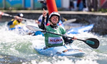Athletes compete at the ICF Canoe Slalom World Championships.