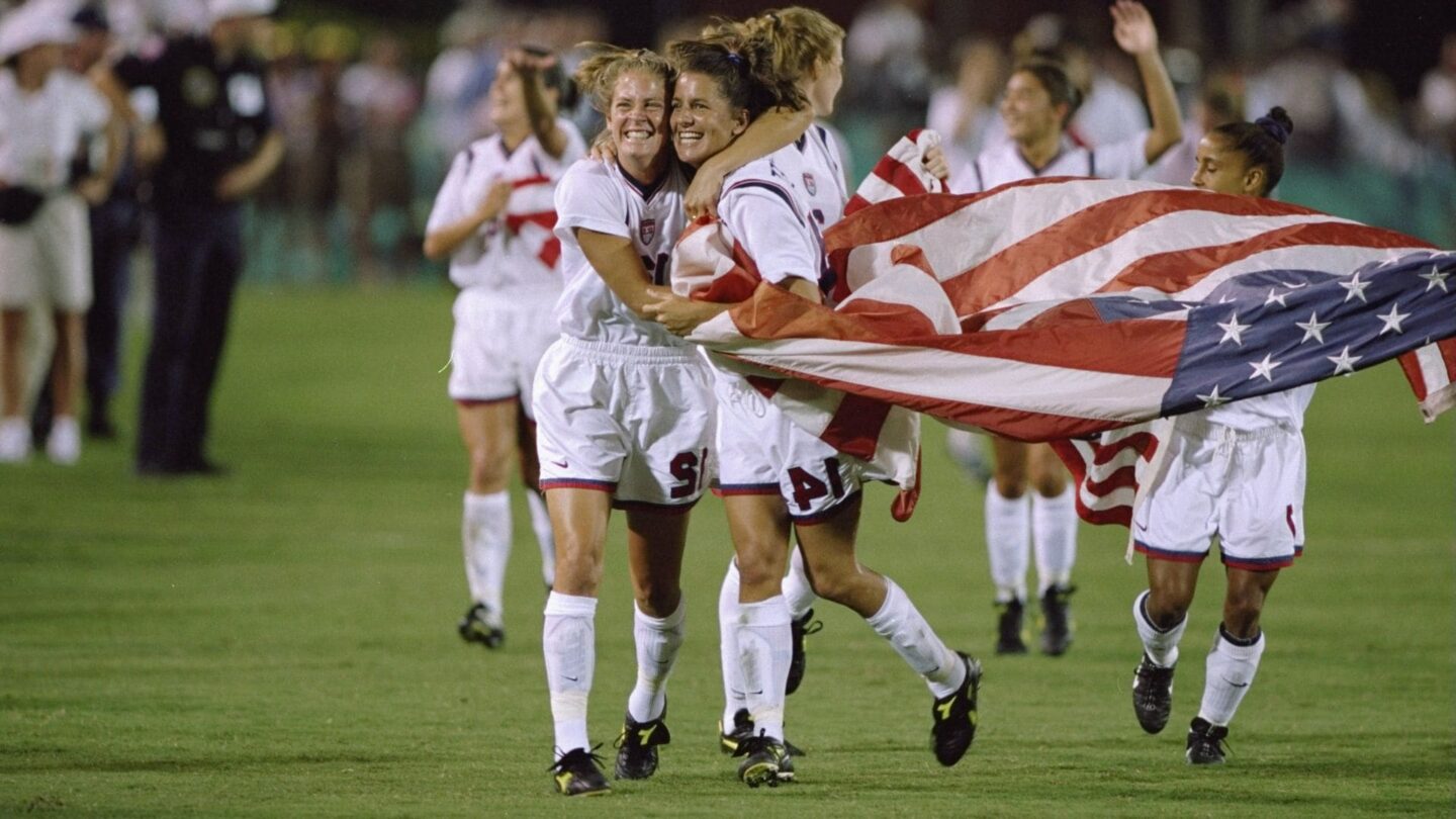 <i>NBC Olympics</i><br/>The U.S. women's soccer team celebrates winning gold at the 1996 Atlanta Summer Olympics.