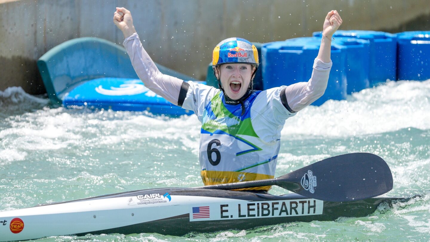 USA’s Evy Leibfarth competes in the Women’s kayak final event during the 2026 ICF Canoe Slalom World Championships in Oklahoma City on Thursday