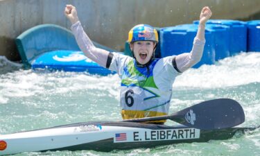 USA’s Evy Leibfarth competes in the Women’s kayak final event during the 2026 ICF Canoe Slalom World Championships in Oklahoma City on Thursday