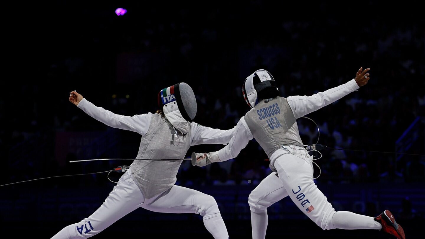 Arianna Errigo L of Italy and Lauren Scruggs of USA compete during the women's foil team gold medal match of fencing between Italy and USA at the Paris 2024 Olympic Games in Paris