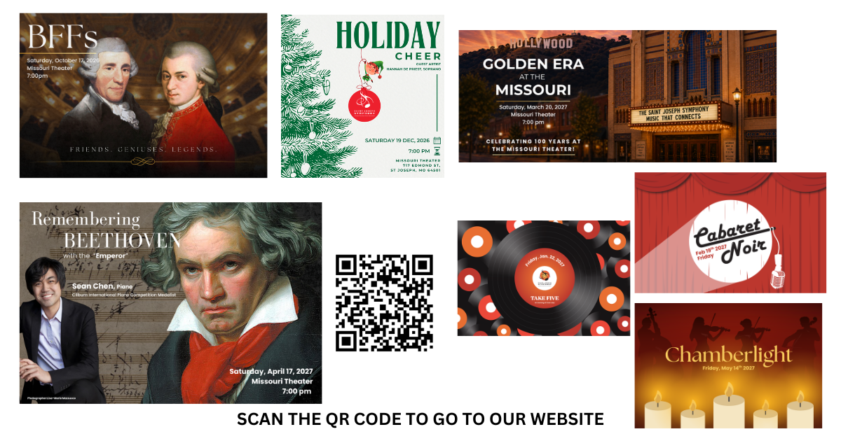 Saint Joseph Symphony 2026-2027 season lineup, and ticket QR code.