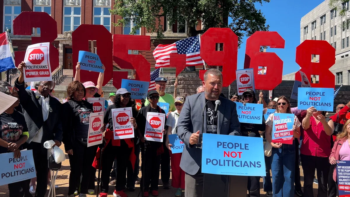 People Not Politicians Director Richard von Glahn leads protest against new congressional maps outside of the Missouri Supreme Court on Tuesday May 12, 2026.
