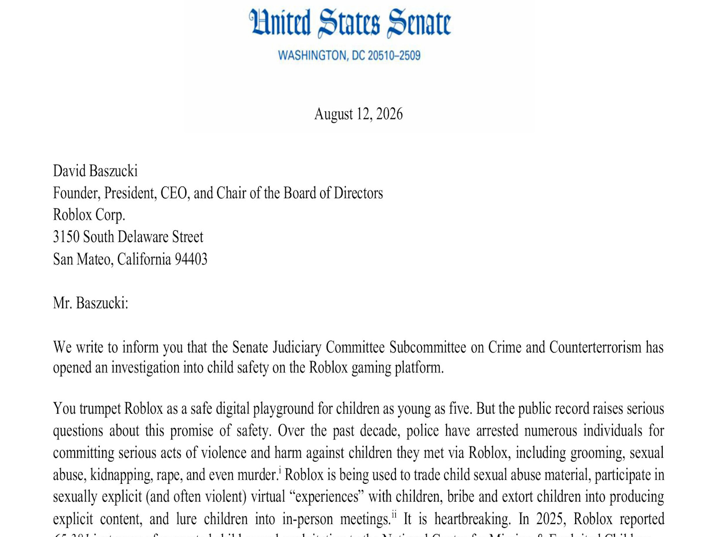U.S. Senators open investigation into Roblox following thousands of abuse reports