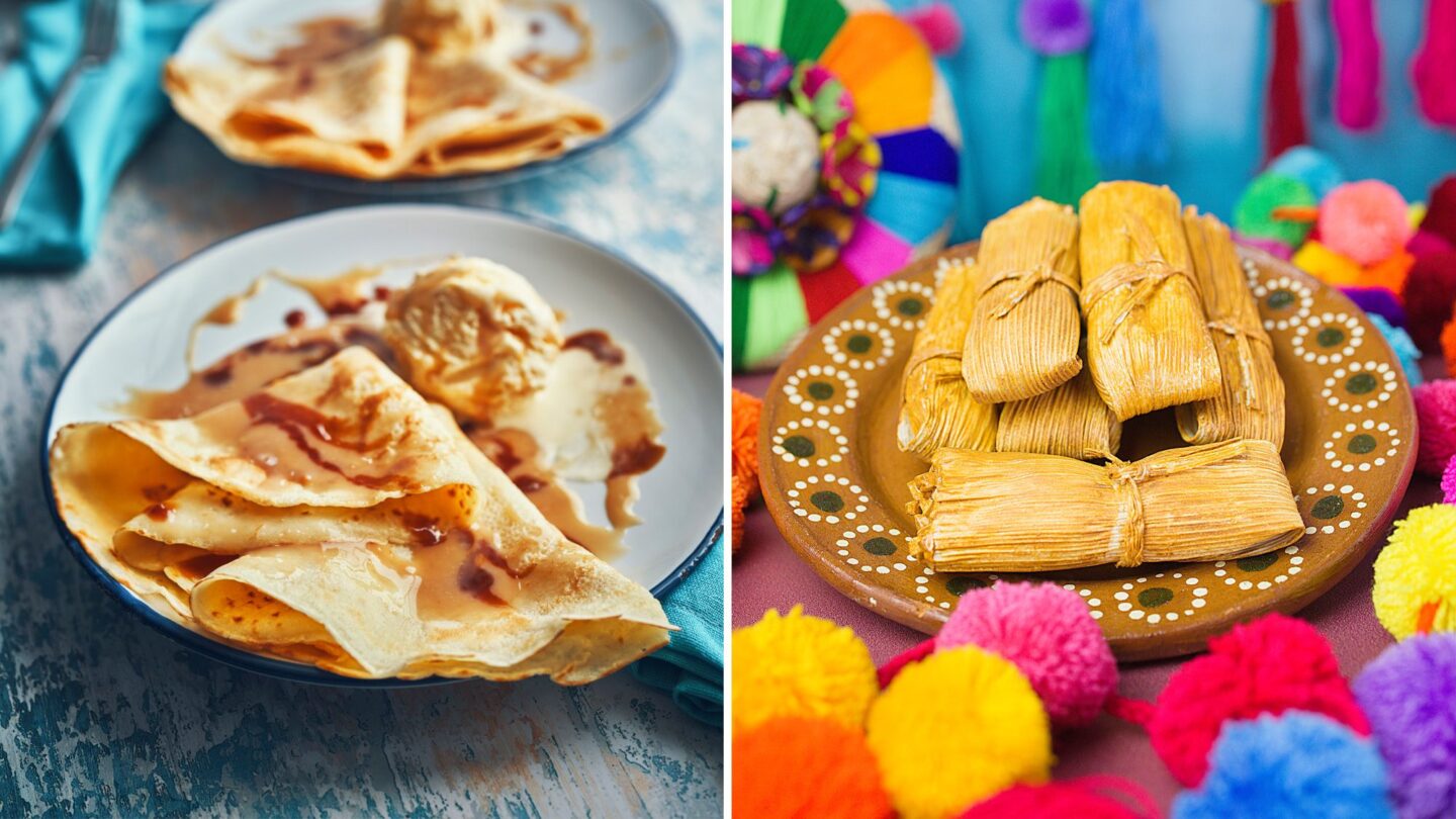 <i>GMVozd/E+/Getty Images; jacqylaw/iStockphoto/Getty Images via CNN Newsource</i><br/>Tasty layers from two cultures: crepes and tamales.