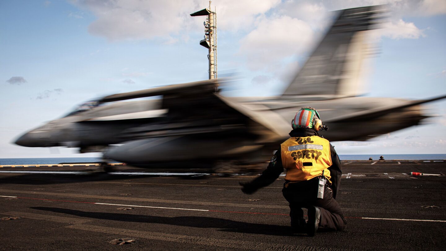 <i>From US Navy/Getty Images via CNN Newsource</i><br/>An F/A-18F Super Hornet aircraft lands on the deck of USS Gerald R. Ford while operating in support of Operation Epic Fury on March 2 in the Mediterranean Sea.