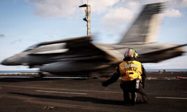 An F/A-18F Super Hornet aircraft lands on the deck of USS Gerald R. Ford while operating in support of Operation Epic Fury on March 2 in the Mediterranean Sea.