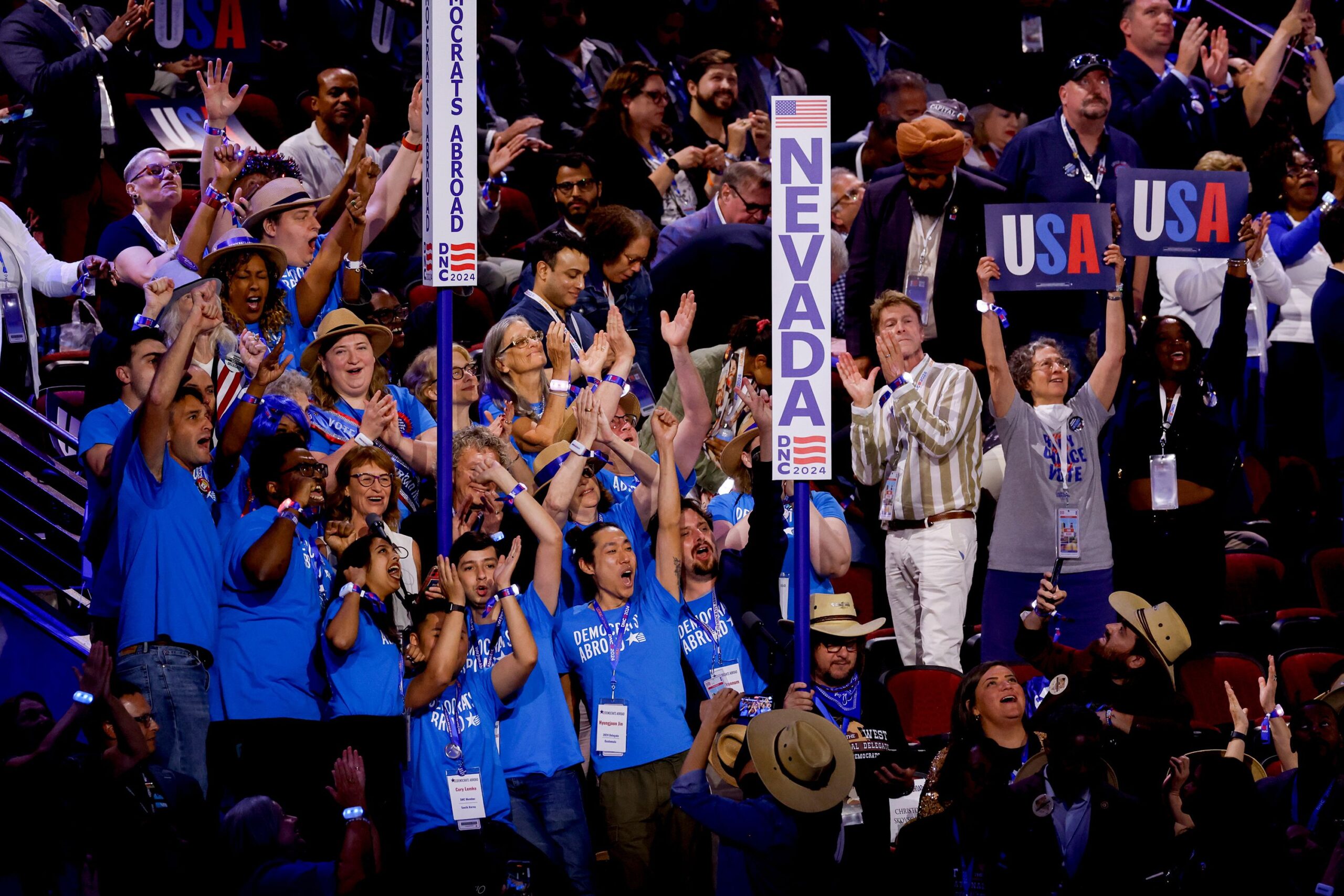 <i>Eva Marie Uzcategui/Bloomberg/Getty Images via CNN Newsource</i><br/>Nevada delegates cheer during a roll call vote during the Democratic National Convention in Chicago in August 2024.